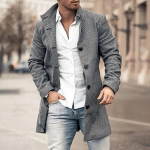 Men's Thickened Cotton-Padded Plaid Wool Coat, Mid-Length Slim Fit Lapel Windbreaker